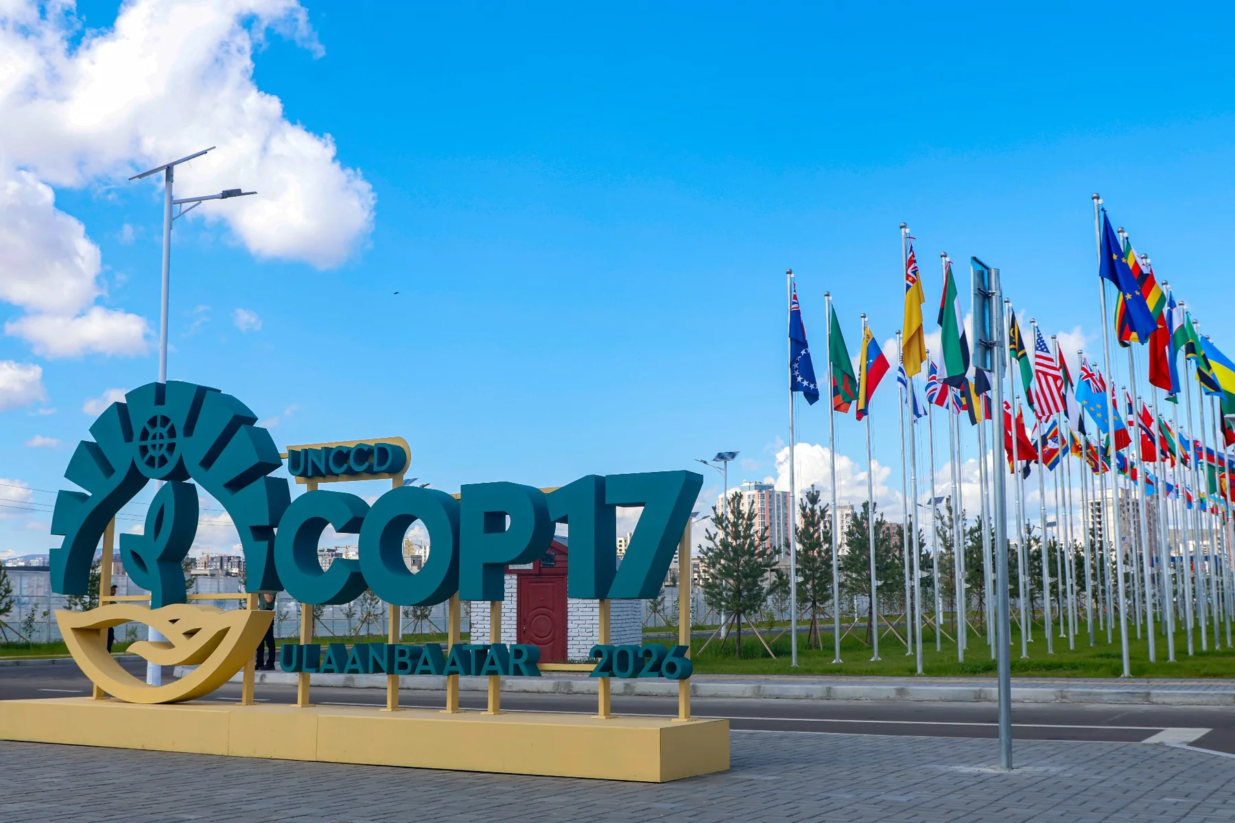 UNCCD COP17 Ulaanbaatar 2026 sign and international flags