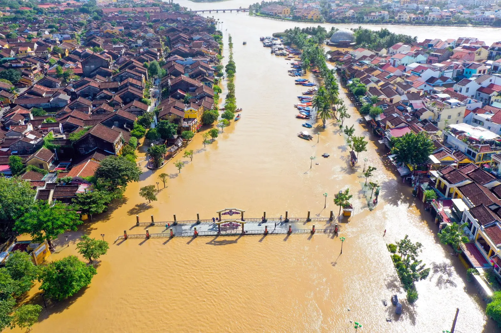 Aerial view of a town surrounded by floodwater